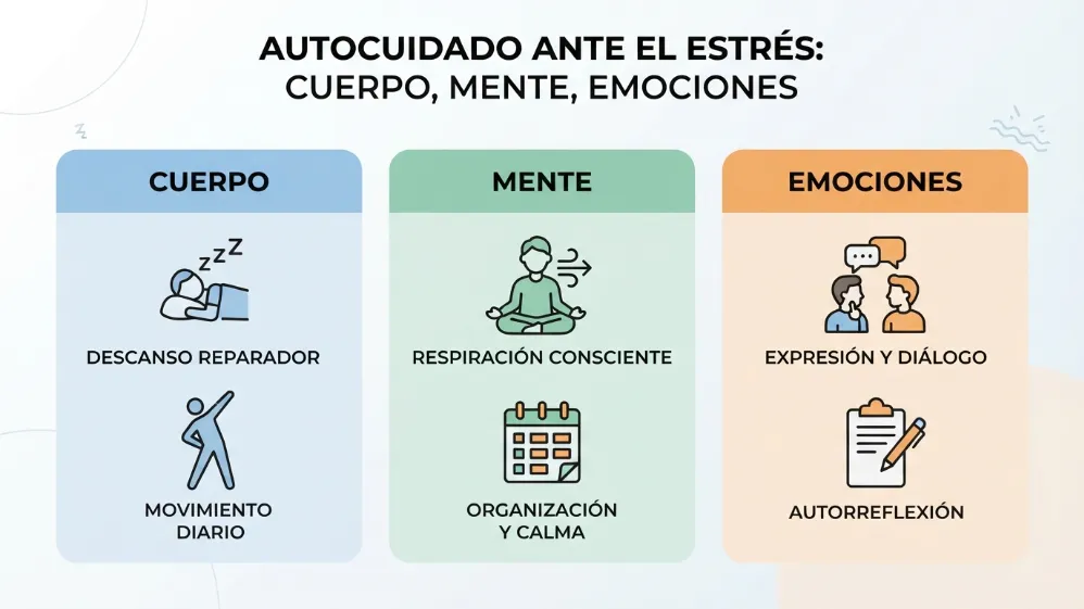 Infografía sobre autocuidado físico, mental y emocional frente al estrés