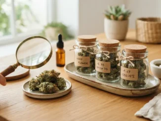 Flores de CBD en frascos con lupa y etiquetas de calidad
