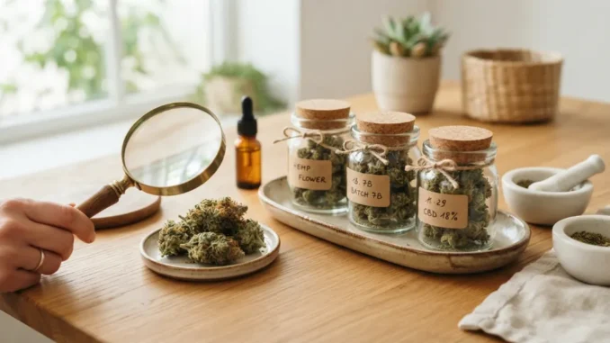 Flores de CBD en frascos con lupa y etiquetas de calidad