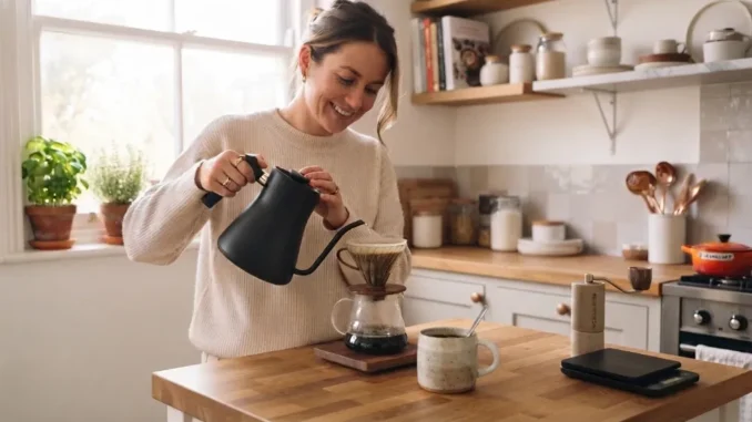 Persona preparando una rutina de café en casa